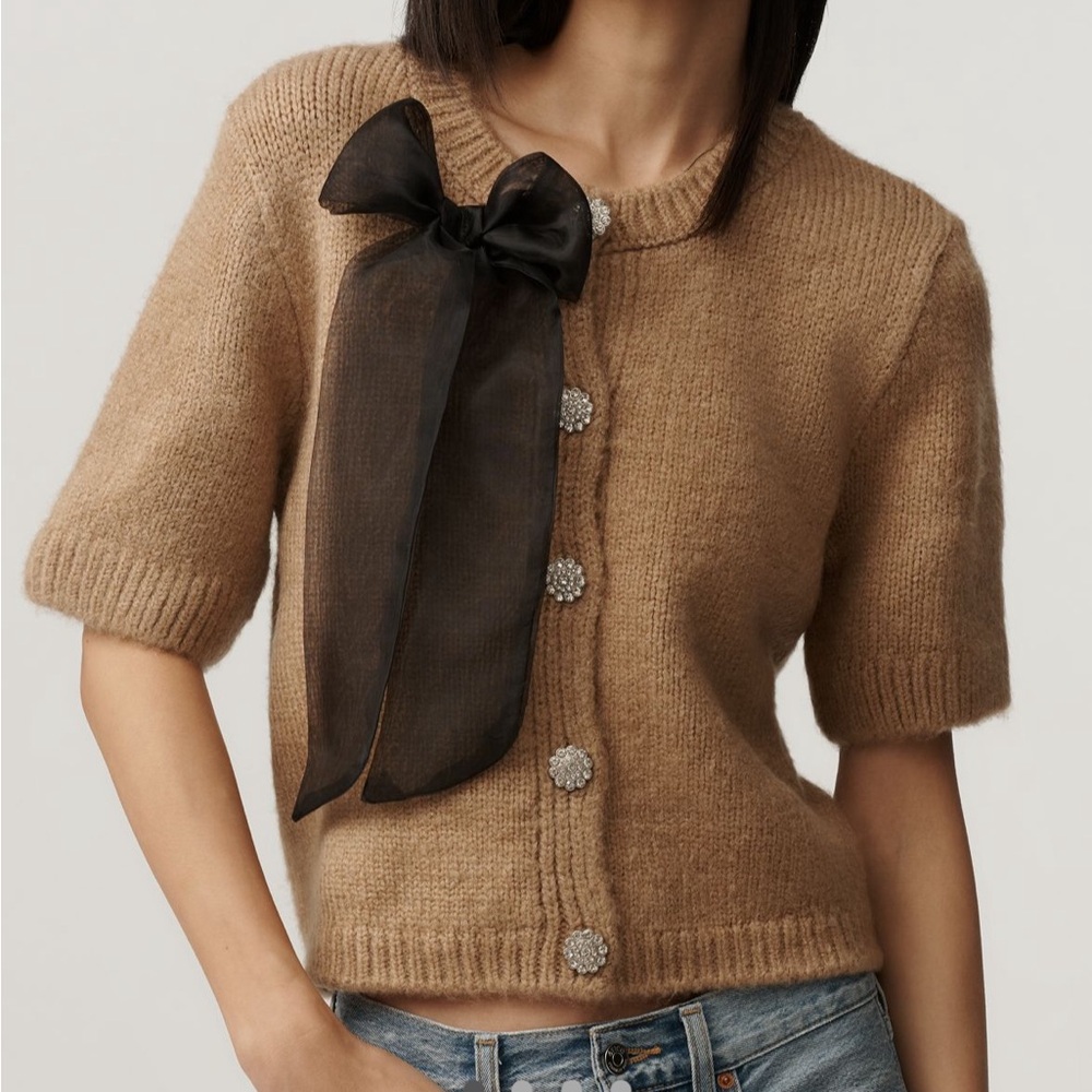 NWT Anthropologie Maeve Short Sleeve Camel Bow Cardigan Sweater